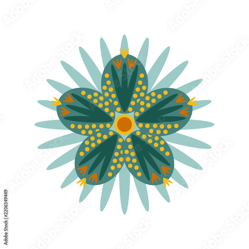 Green Floral design elements set. Abstract folk style flowers with geometric shapes, delicate petals and leaf. Spring and summer blossoms, nature decor. Flat vector