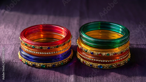 Six separate glass bangles in jewel tones arranged as two stable stacks for Diwali celebration, hospitality, gifting and seasonal campaign