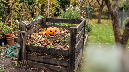Pumpkin face in compost bin with autumn leaves in a garden setting
