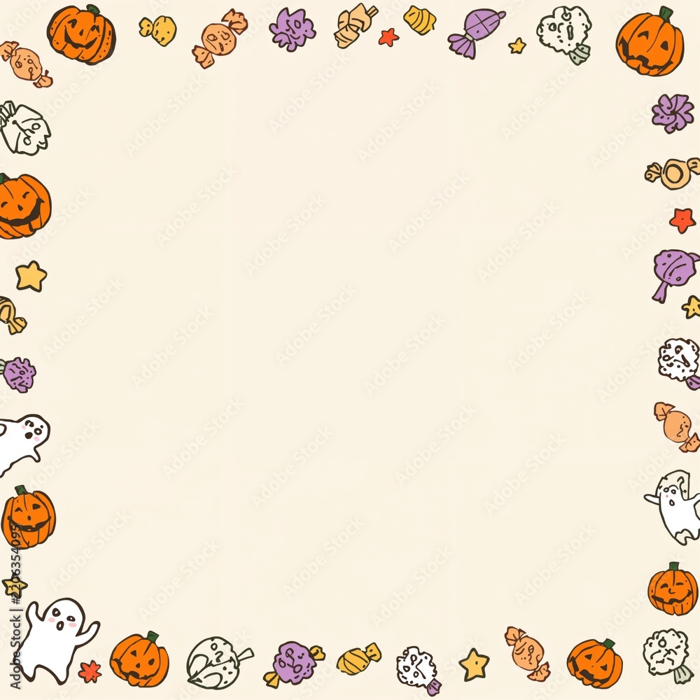 Fototapeta premium Halloween frame border background cute pumpkins ghosts copy space frame template 