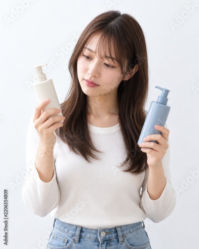Young Woman Comparing Two Skincare Bottles Before Choosing