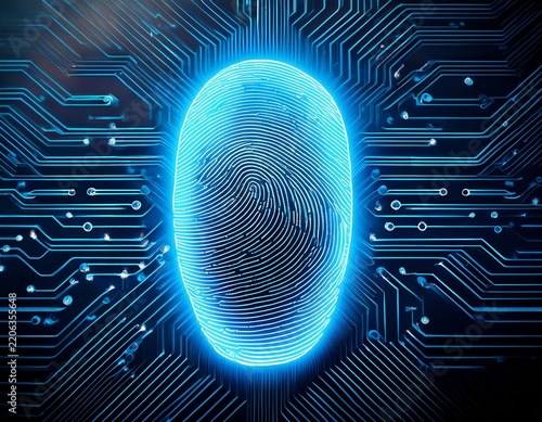 glowing fingerprint on digital circuit board shows biometric security and authentication symbolizing secure access identity verification and cyber defense
