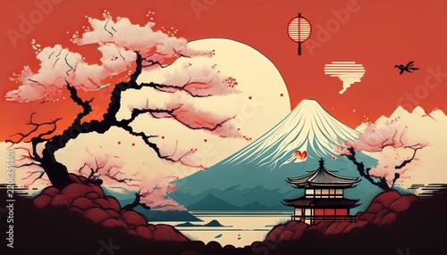 ai generated ai generative vintage retro traditional japanese asian landscape background cherry blossom sakura tree flower mountain and outdoor nature minimal graphic art graphic art