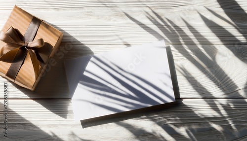 gift box and blank greeting card on a white wooden desk with shadows of grass or plants copy space