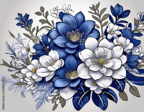 a large bouquet of blue and white porcelain flowers delicate lines meticulous painting hand drawn ink wash style