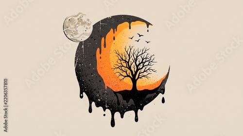 Surreal Melting Crescent Moon with Barren Tree and Birds – Dark Orange Fantasy Digital Art