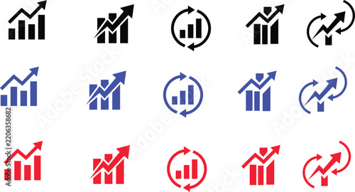 Collection of business growth icons showing charts graphs and positive trends