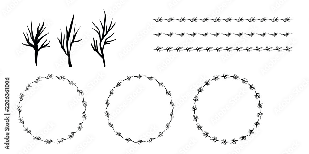 Fototapeta premium Hand drawn plants, dividers, wreaths, border frames. Circle floral frame with leaves on white background. Vector hand drawn illustration for wallpaper, posters, card. Copy space. Doodle style.