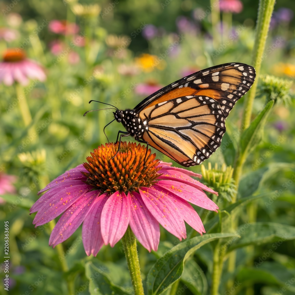 Fototapeta premium Monarch butterfly perched on purple echinacea coneflower vibrant garden scene captured in natural sunlight for botanical research and environmental biology usage.