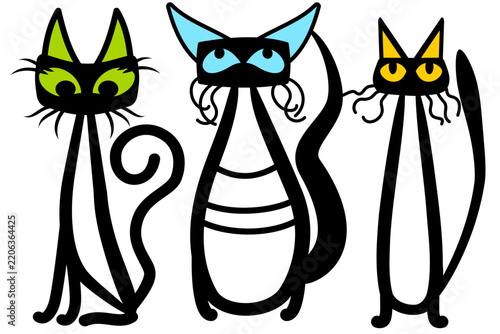 Stylized minimalist cats with multi-colored eyes, vector image
