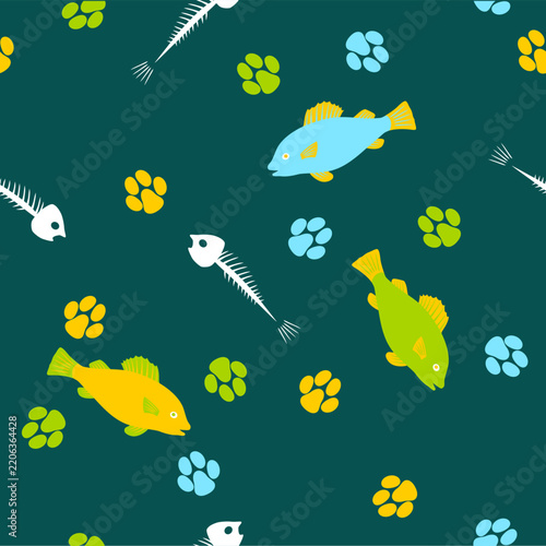 Fish, fish skeletons, and cat paw prints, seamless vector pattern
