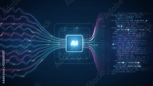 AI chip processing data streams into binary code, seamless loop on dark blue