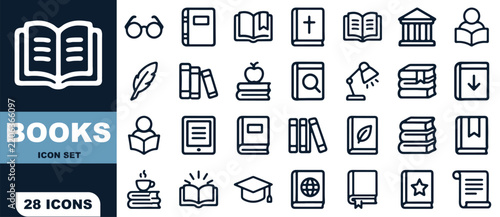 Books icon set featuring twenty eight outline symbols representing education, reading, library, and learning