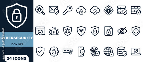 Cybersecurity icon set featuring twenty four outline symbols for protection, encryption, and safety