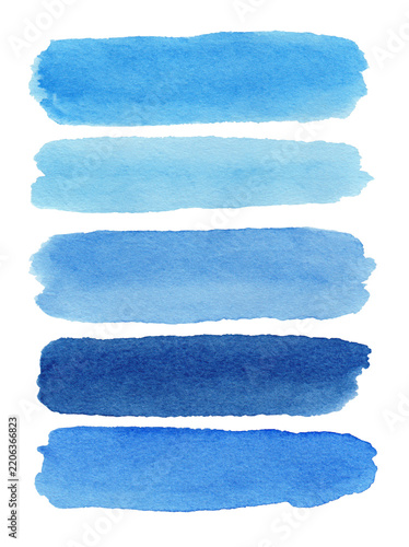 Five watercolor paint strokes set in shades of blue