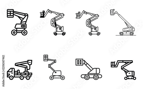 Set of various aerial work platform machinery icons 