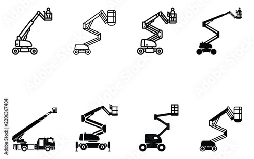 Set of various aerial work platform machinery icons 
