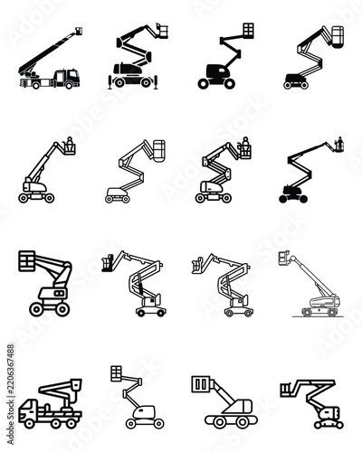 Set of various aerial work platform machinery icons 