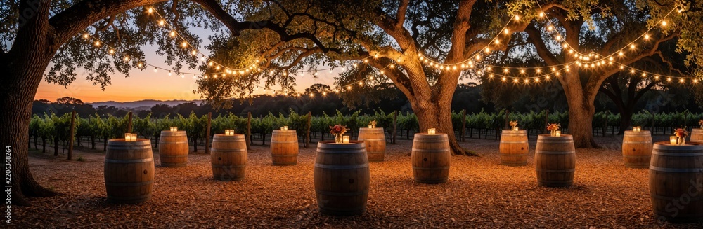 Fototapeta premium Bohemian wedding reception in vineyard at sunset. Rustic wooden barrels serve as tables under large oak trees with warm string lights. Romantic outdoor celebration setting with cozy ambiance, glowing