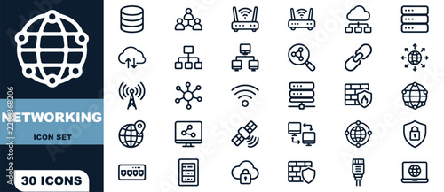 Networking icon set featuring thirty outlined symbols showing data connections and servers