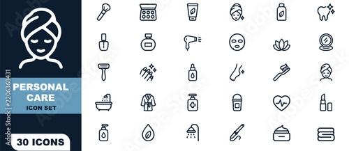 Personal care icon set with outline symbols for beauty, spa, cosmetics, hygiene, and wellness