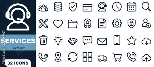 Services icon set with line symbols for customer support, business tools, and operations