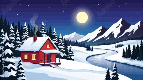 Cozy Red Wooden Cabin in Snowy Winter Landscape with Mountains and Moonlight Night View