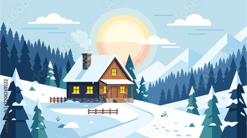Cozy Winter Cabin in Snowy Mountain Forest Landscape Flat Illustration Design