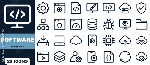Software icon set featuring twenty eight outlined symbols for programming and development
