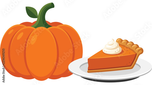Illustration of a Fresh Orange Pumpkin Next to a Slice of Pumpkin Pie