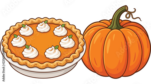 Illustration of a Delicious Homemade Pumpkin Pie With Whipped Cream and Fresh Orange Pumpkin