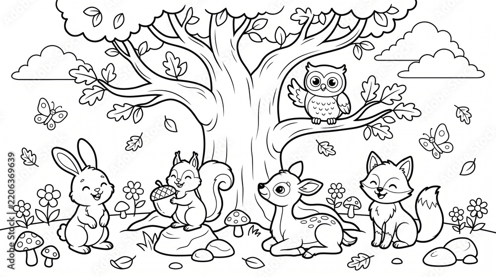 Fototapeta premium Vintage illustration of woodland creatures gathering under a fruit tree in a garden