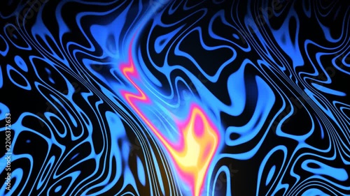 Abstract glowing blue neon liquid wave lines with vibrant red energy distortion moving on black background