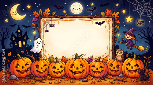 Cute spooky halloween kids illustration with carved pumpkins and center copy space