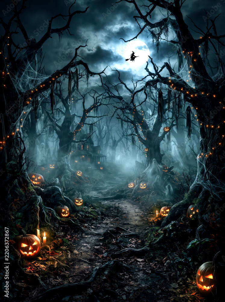 Fototapeta premium Spooky dark forest landscape creepy trees fog mysterious night autumn woods environment