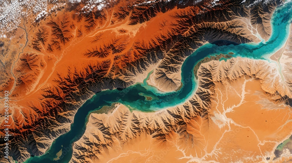 Obraz premium Satellite view of earth surface with dry desert landscape, winding blue river. Arid canyon terrain shows orange sand dunes, steep mountain ridges. Natural texture of parched ground meets turquoise