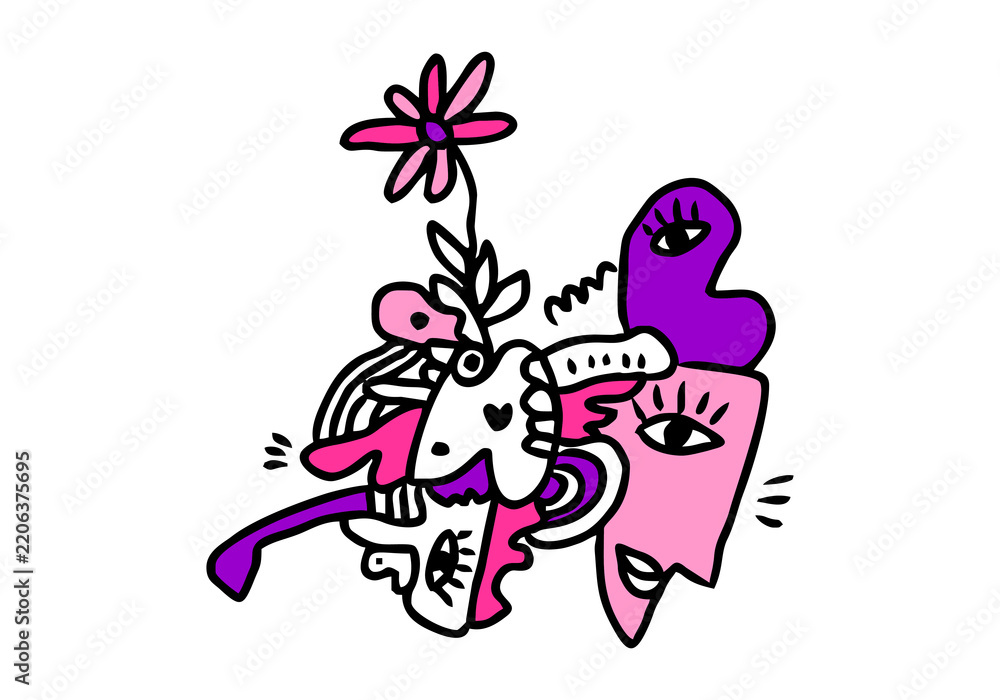 Fototapeta premium doodle art set with quirky faces, eyes, and floral elements in pink, purple, black, and white colors.