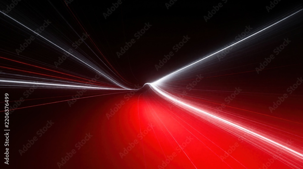 Fototapeta premium Abstract dark red background with dynamic light streaks. Fast motion blur creates energy waves, speed effect. Glowing lines flow through digital tunnel in cyberspace. Futuristic tech design