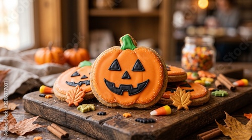 Festive Halloween pumpkin shaped cookies decorated with icing and sugar sprinkles on a wooden board