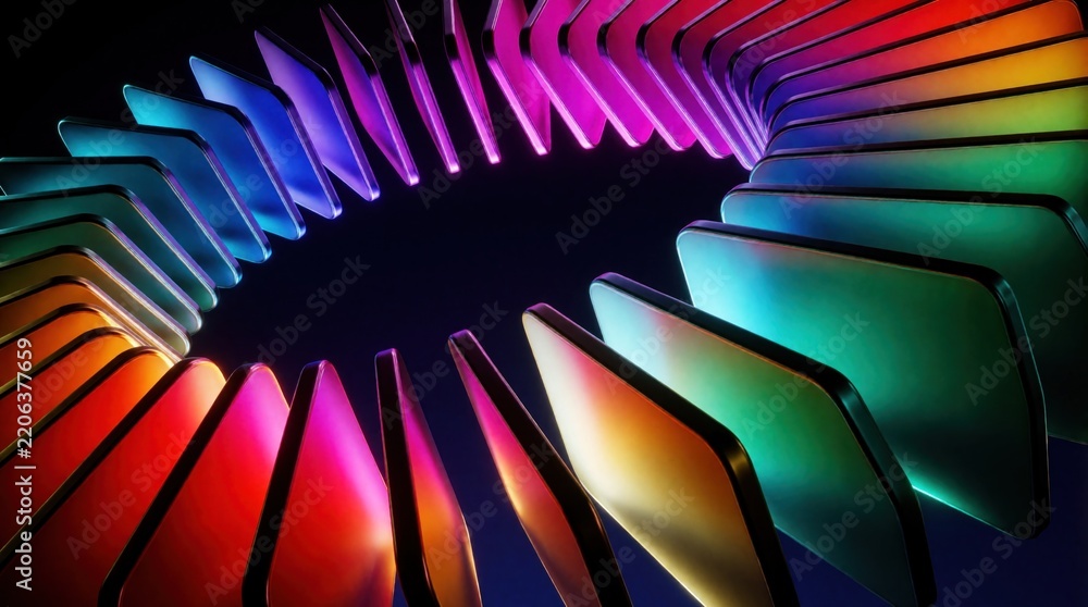 Obraz premium Abstract digital background with colorful glowing geometric shapes. Vibrant rainbow spectrum forms circular ring pattern in dark space. Futuristic 3D render displays dynamic light flow,