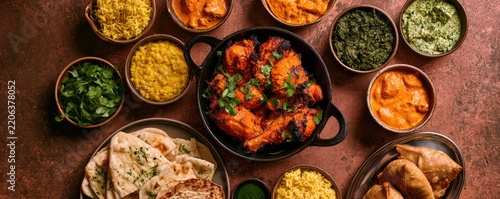 A vibrant assortment of Indian cuisine in rustic bowls and platters