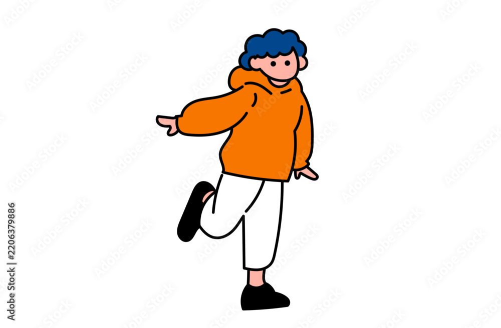 Obraz premium Cute flat vector illustration of a happy kid in an orange hoodie jumping.