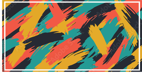 Abstract brush stroke background with colorful paint textures and white rectangular frame border