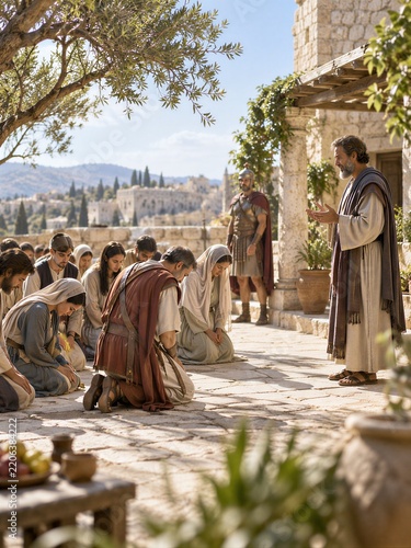 Cornelius and His Household Kneeling Before Apostle Peter in an Ancient Roman Setting.