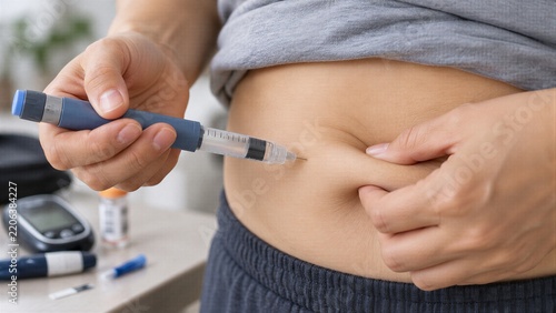 Patient pinching abdomen skin for an insulin pen injection, managing diabetic blood sugar levels at home, illustrating glucose monitoring and chronic illness self-care.