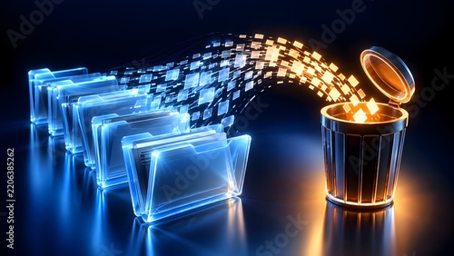 Digital data files being deleted or trashed from transparent glowing folders into a glowing trash can abstract technology concept