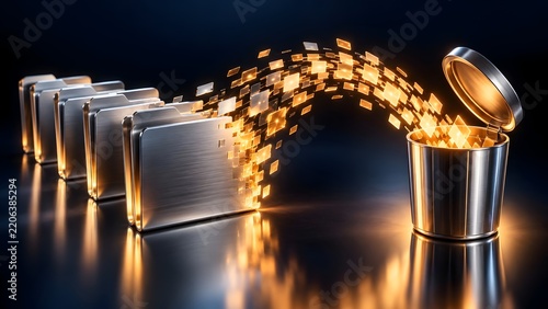 Digital data transforming into glowing squares and flowing into an open trash can representing data deletion archiving or disposal of digital information.