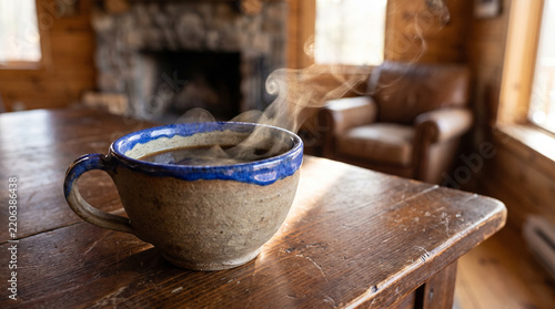 Steaming coffee cup on wooden table near a cozy cabin interior  