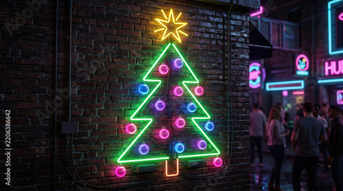 Neon Christmas Tree Sign Glowing on Brick Wall in Urban City Street