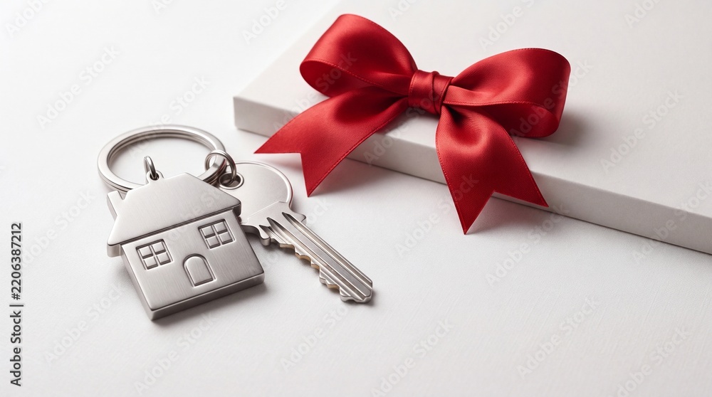 Obraz premium House keys with a house-shaped silver keychain placed next to a white gift box with a red ribbon bow, representing real estate investment, home ownership, mortgage approval, or a housewarming gift.